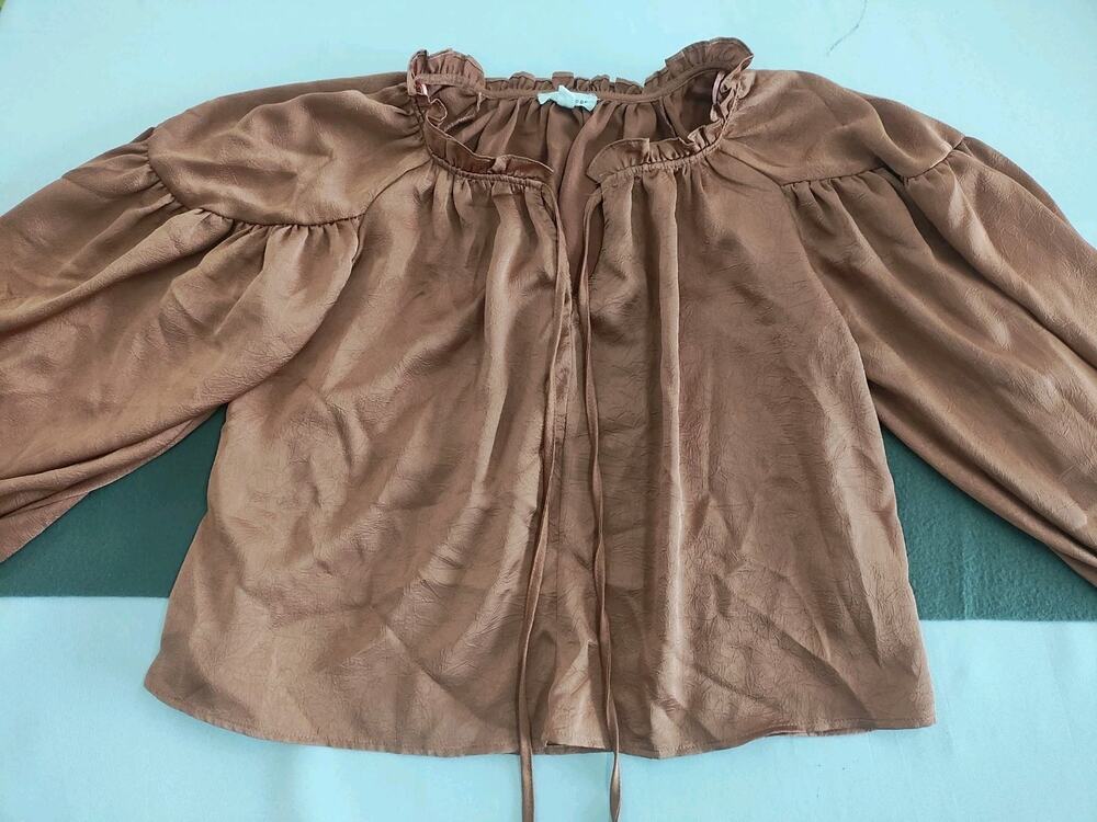 Blu Pepper Women's Orange Peasant Boho Blouse W/ tie detail Fall Color V Neck
